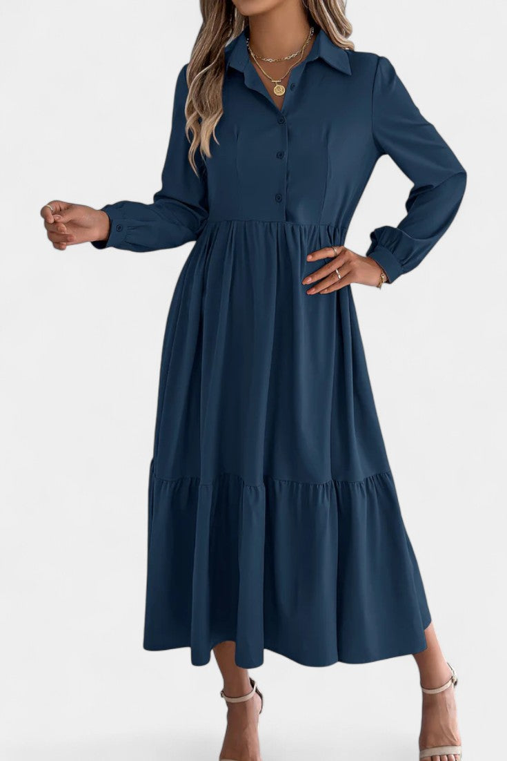 Collared Button-Front Long Sleeve Tiered Shirt Midi Dress 13