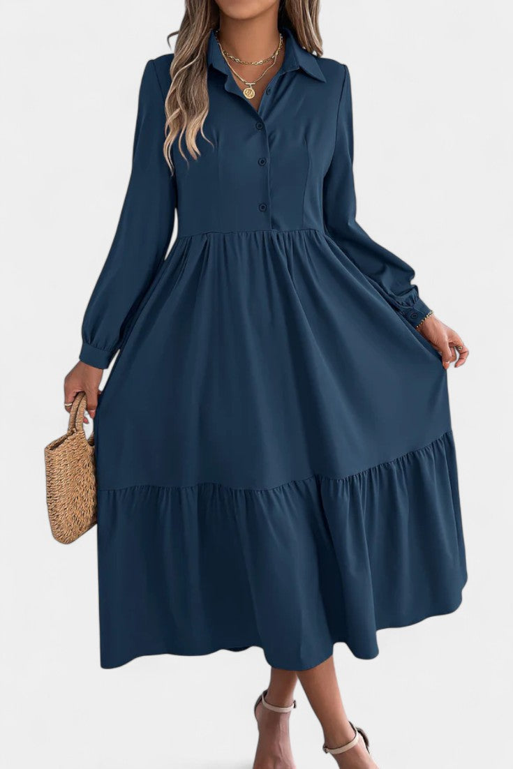 Collared Button-Front Long Sleeve Tiered Shirt Midi Dress 16