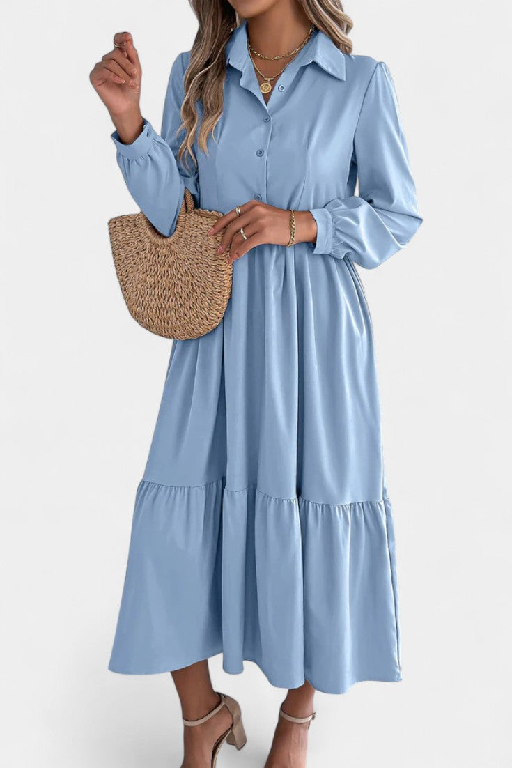 Collared Button-Front Long Sleeve Tiered Shirt Midi Dress 18