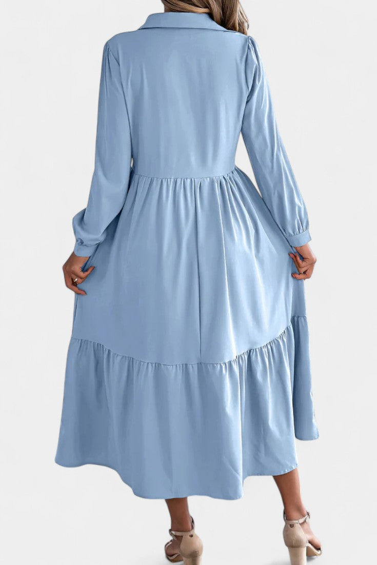 Collared Button-Front Long Sleeve Tiered Shirt Midi Dress 19