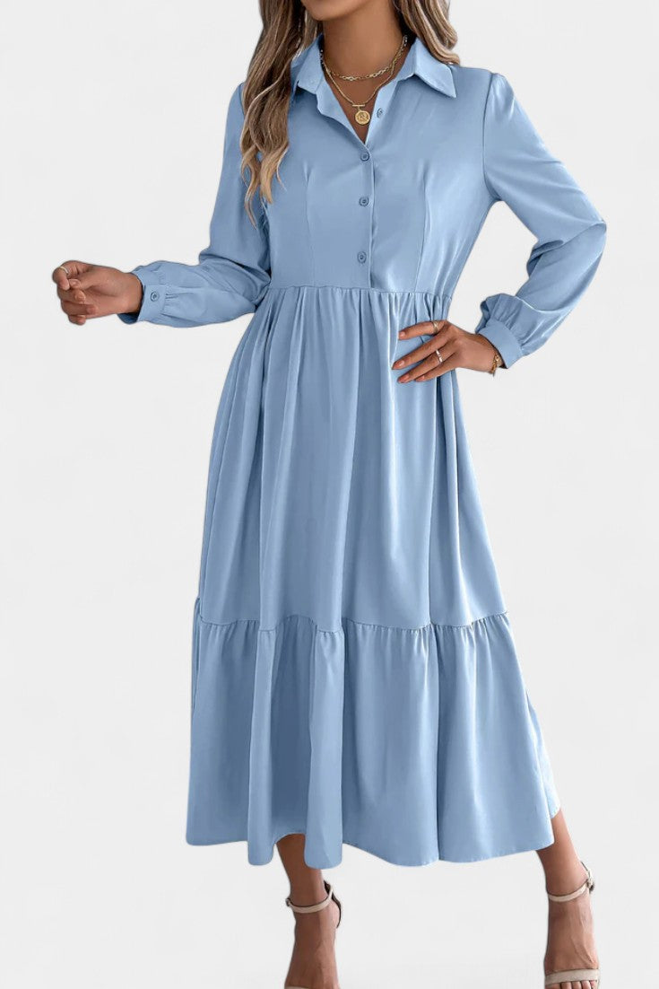 Collared Button-Front Long Sleeve Tiered Shirt Midi Dress 17