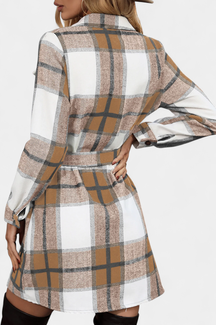 Collared Belted Plaid Check Long Sleeve Shirt Mini Dress 3