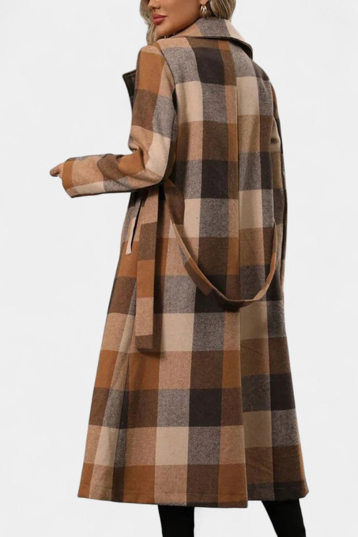 Notched Lapel Belted Plaid Wool Long Coat 6