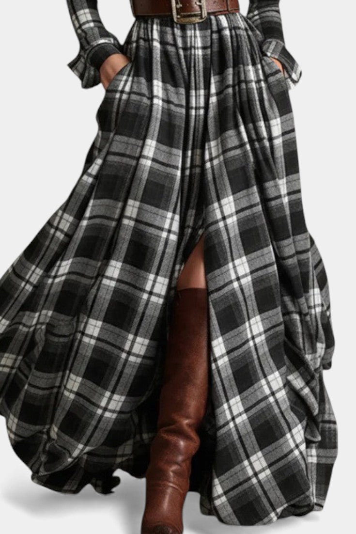Black Collared Long Sleeve Belted Plaid High Slit Shirt Maxi Dress 3