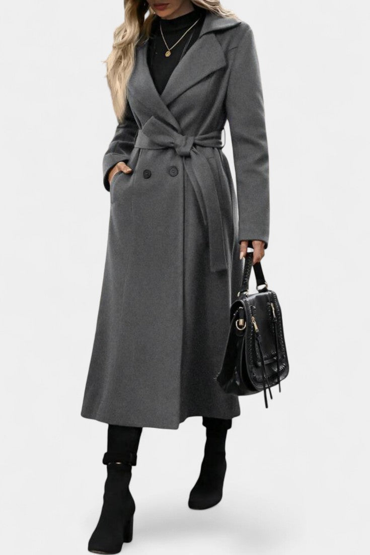 Notched Lapel Belted Plaid Wool Long Coat 9