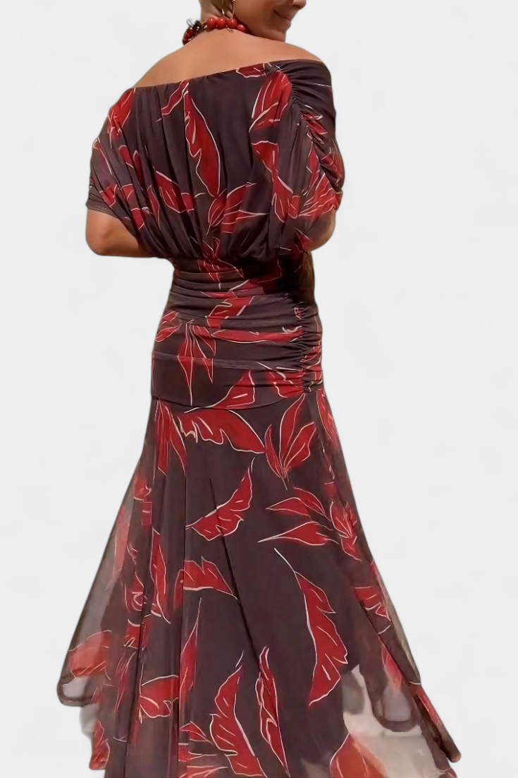 Off-Shoulder Twist Front Ruched Chiffon Flowy Maxi Dress