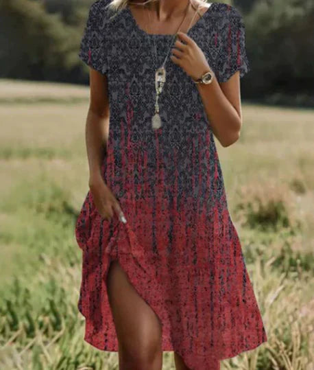 Round Neck Short Sleeve Abstract Stripe Print Shift Midi Dress 5
