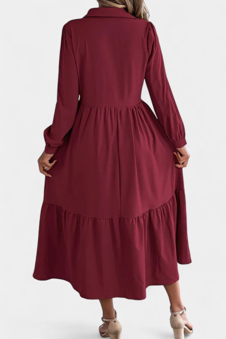 Collared Button-Front Long Sleeve Tiered Shirt Midi Dress 5