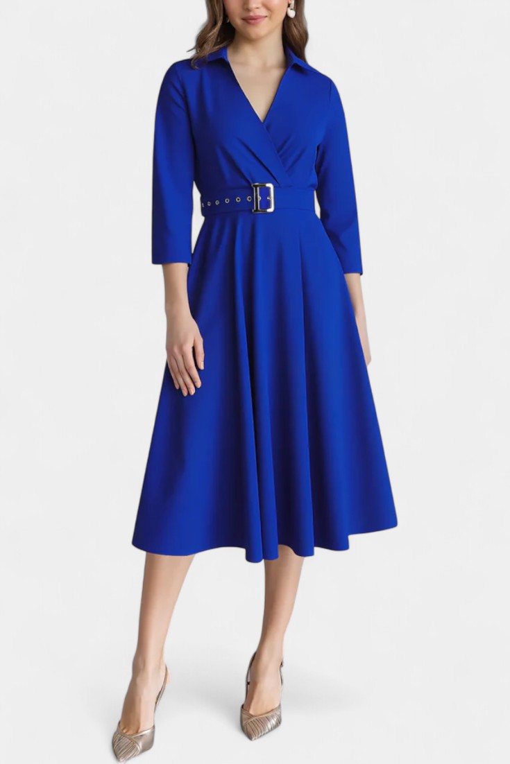 Collared V-Neck Surplice Belted A-Line Midi Dress 2