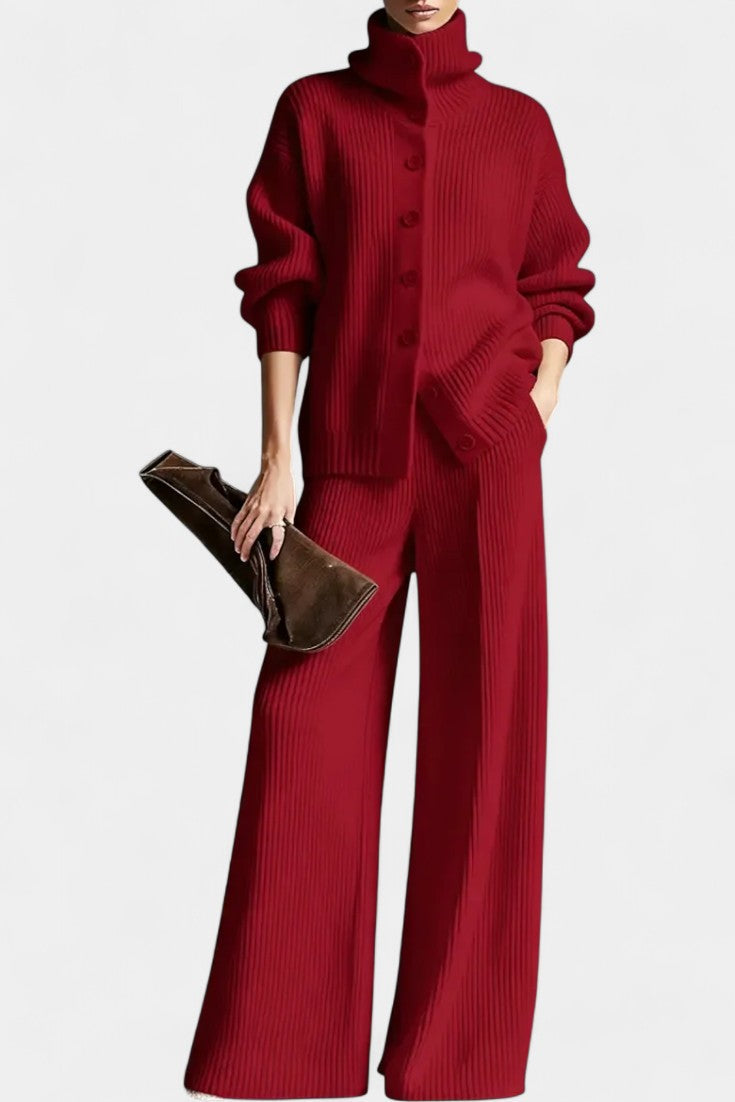 High Neck Ribbed Knit Button Front Cardigan Wide Leg Pants Set