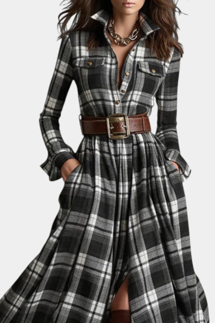 Black Collared Long Sleeve Belted Plaid High Slit Shirt Maxi Dress 2