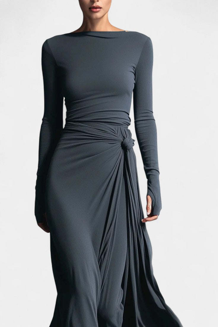 Boat Neck Long Sleeve Ruched Twist High Slit Maxi Dress 2