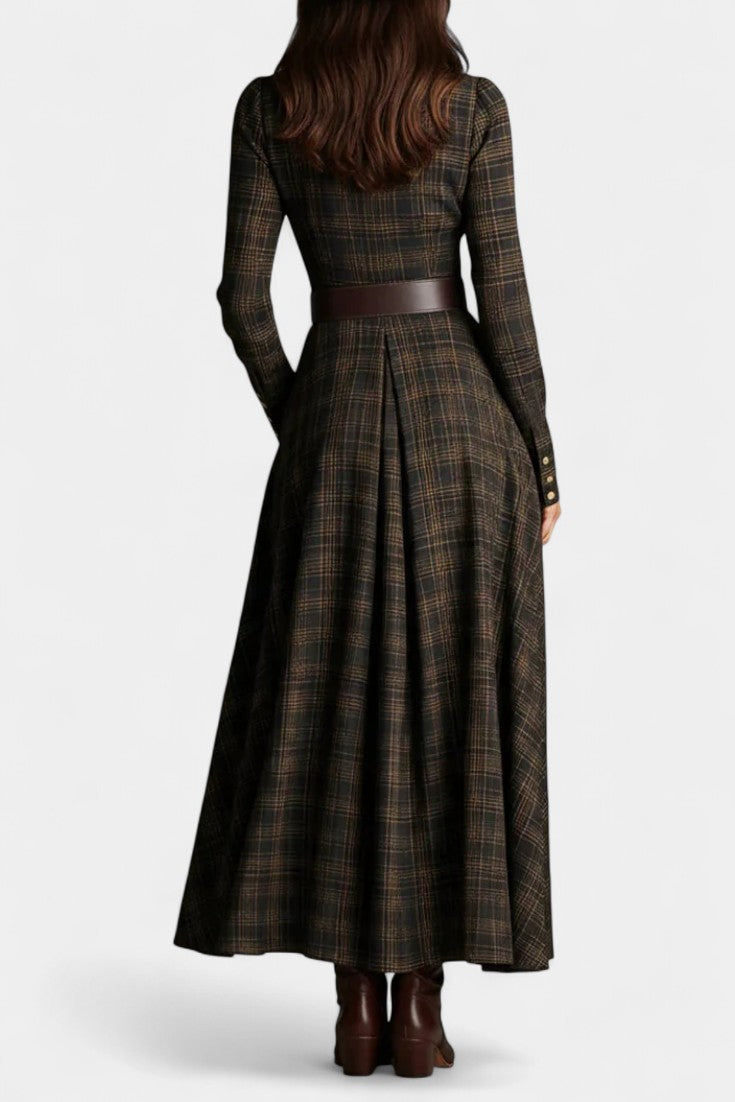 Brown Black Collared Long Sleeve Button Front Belted Plaid Flared Maxi Dress 4