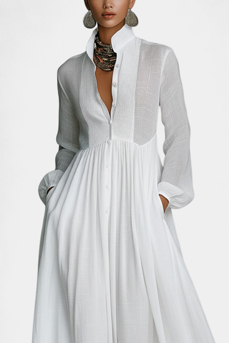 White Stand Collar Button Up Long Sleeve Flowy A-Line Maxi Dress 2