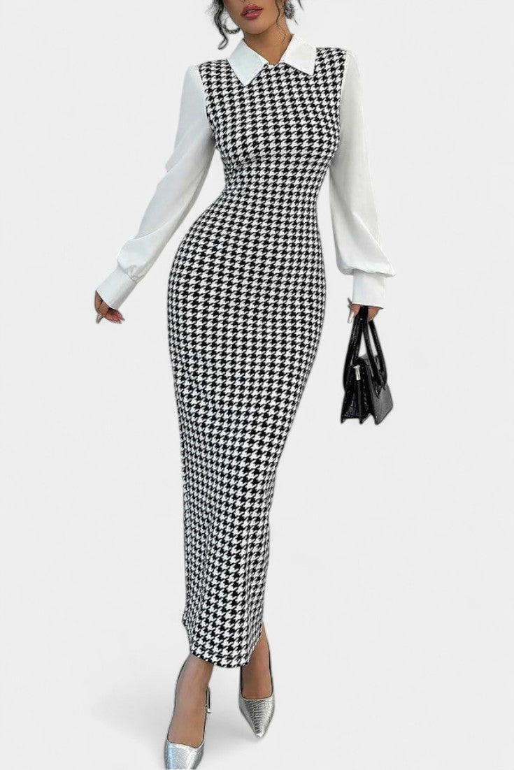 White Collared Houndstooth Contrast Puff Sleeve Bodycon Maxi Dress