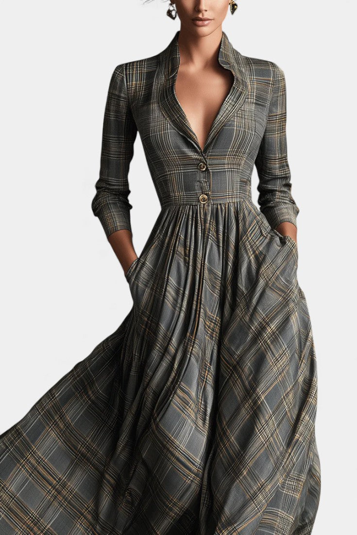 Stand Collar Plaid Long Sleeve Button Front Flared Maxi Dress 2