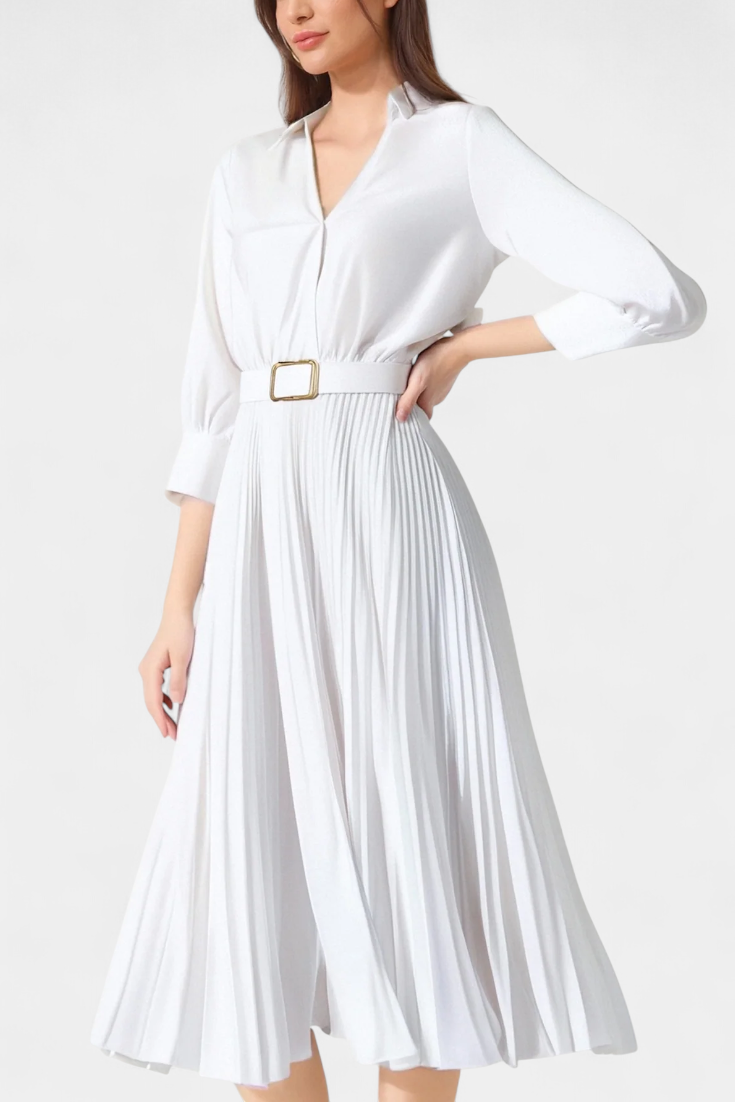 Collared Three-Quarter Sleeve Belted Pleated A-Line Midi Dress 3
