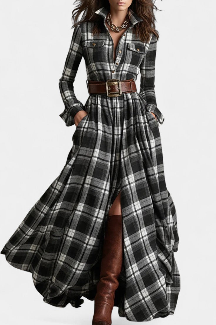 Black Collared Long Sleeve Belted Plaid High Slit Shirt Maxi Dress