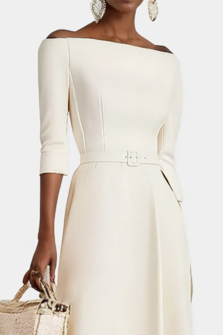 Off-Shoulder Half Sleeve Belted Waist A-Line Maxi Dress 4