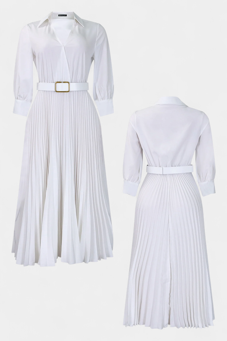 Collared Three-Quarter Sleeve Belted Pleated A-Line Midi Dress 4