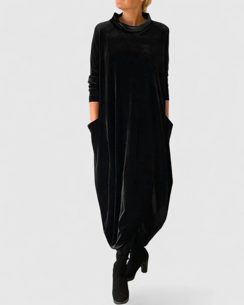High Neck Velvet Long Sleeve Pocket Loose Cocoon Maxi Dress