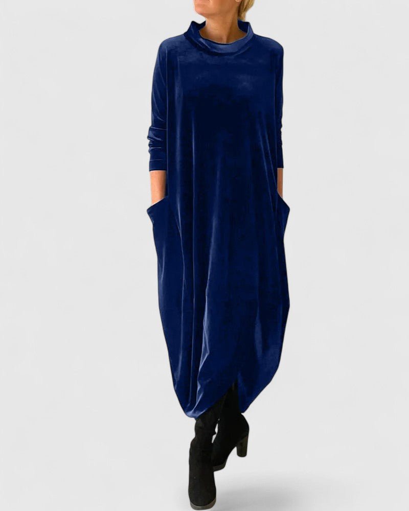 High Neck Velvet Long Sleeve Pocket Loose Cocoon Maxi Dress