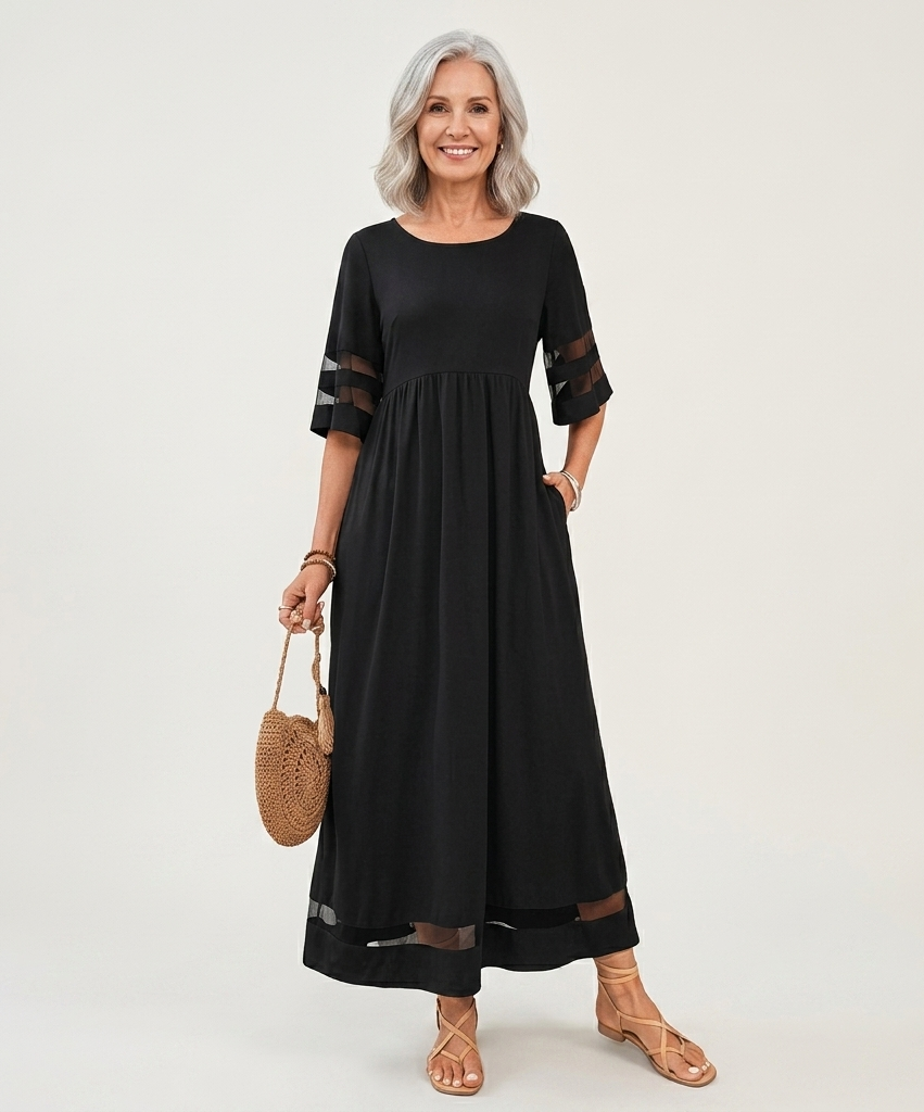 Round Neck Mesh Panel Flutter Sleeve Empire A-Line Maxi Dress