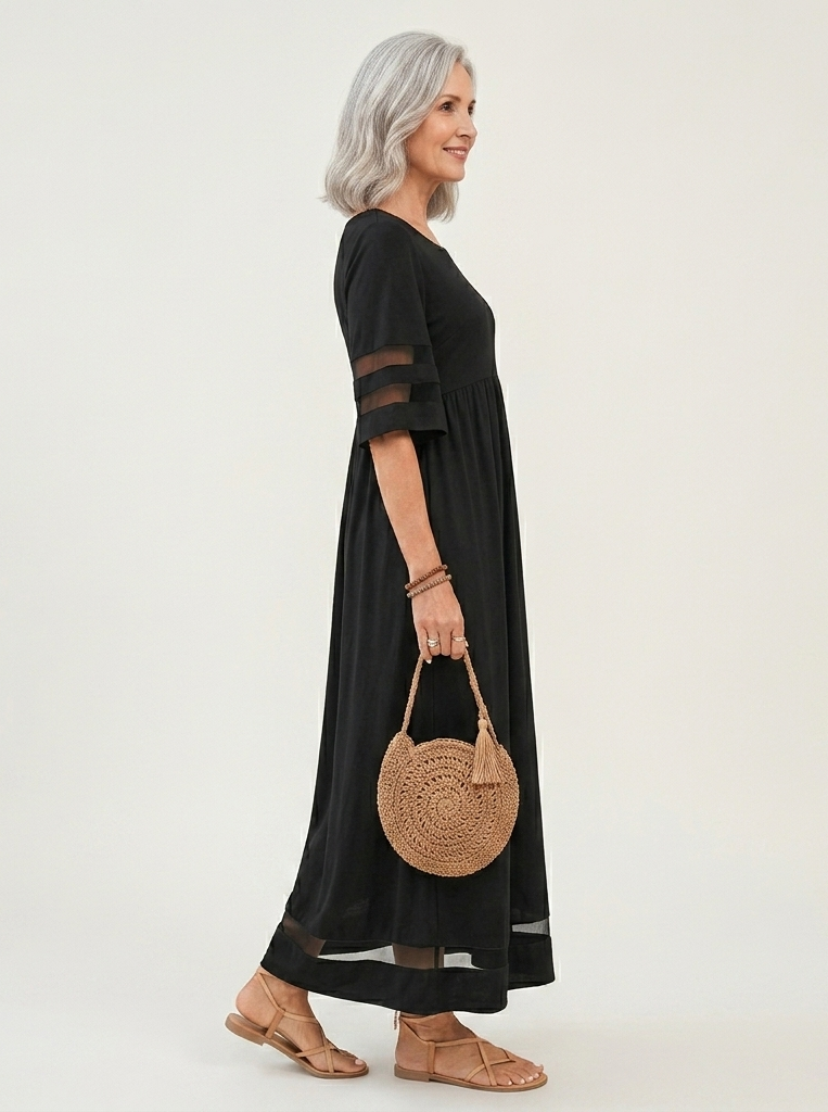 Round Neck Mesh Panel Flutter Sleeve Empire A-Line Maxi Dress 2