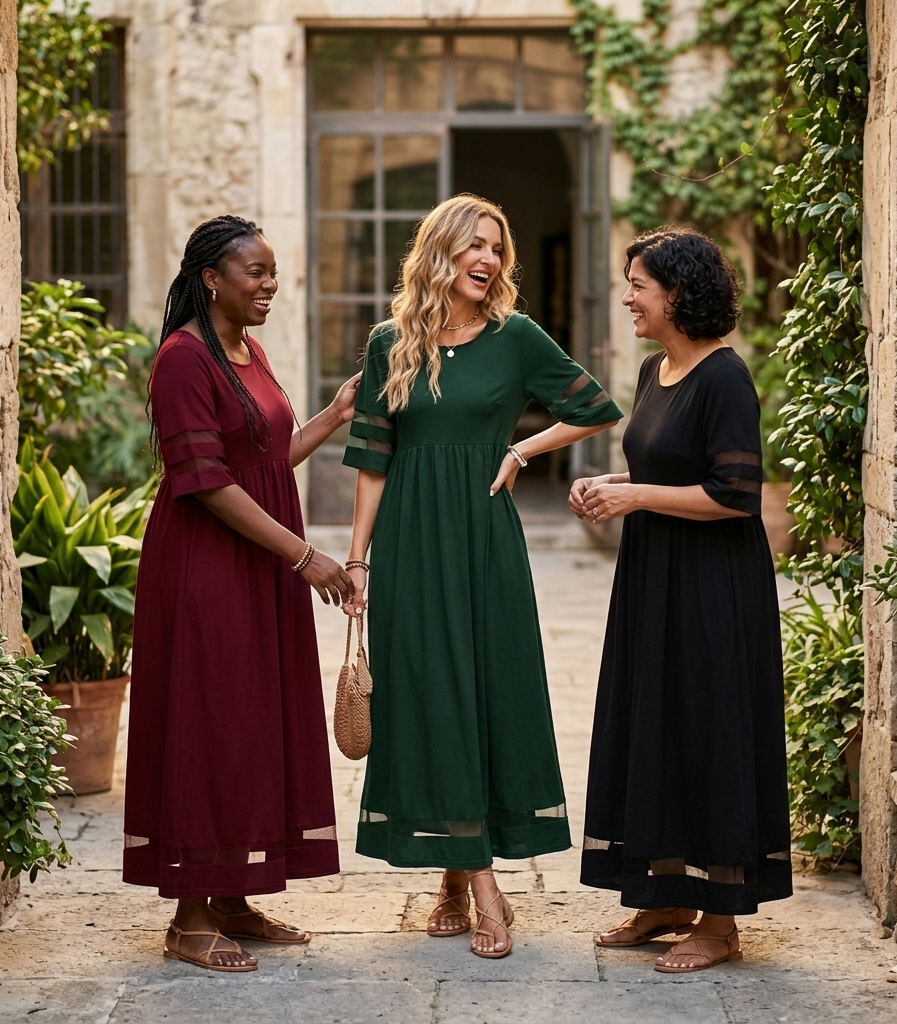 Round Neck Mesh Panel Flutter Sleeve Empire A-Line Maxi Dress 3