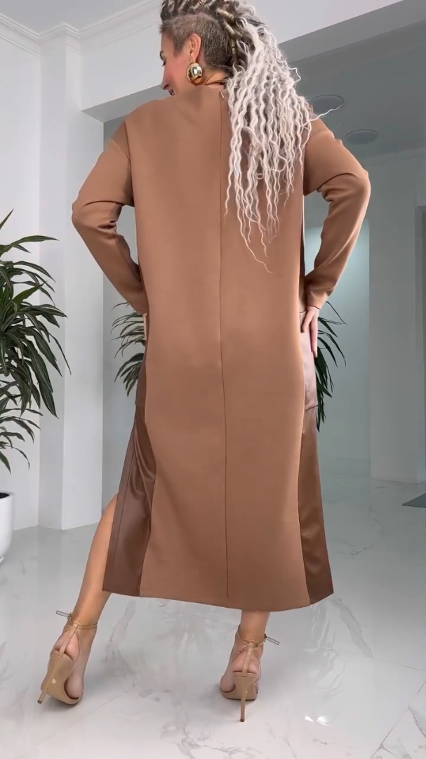 Round Neck Long Sleeve Side Slit Minimalist Shift Midi Dress