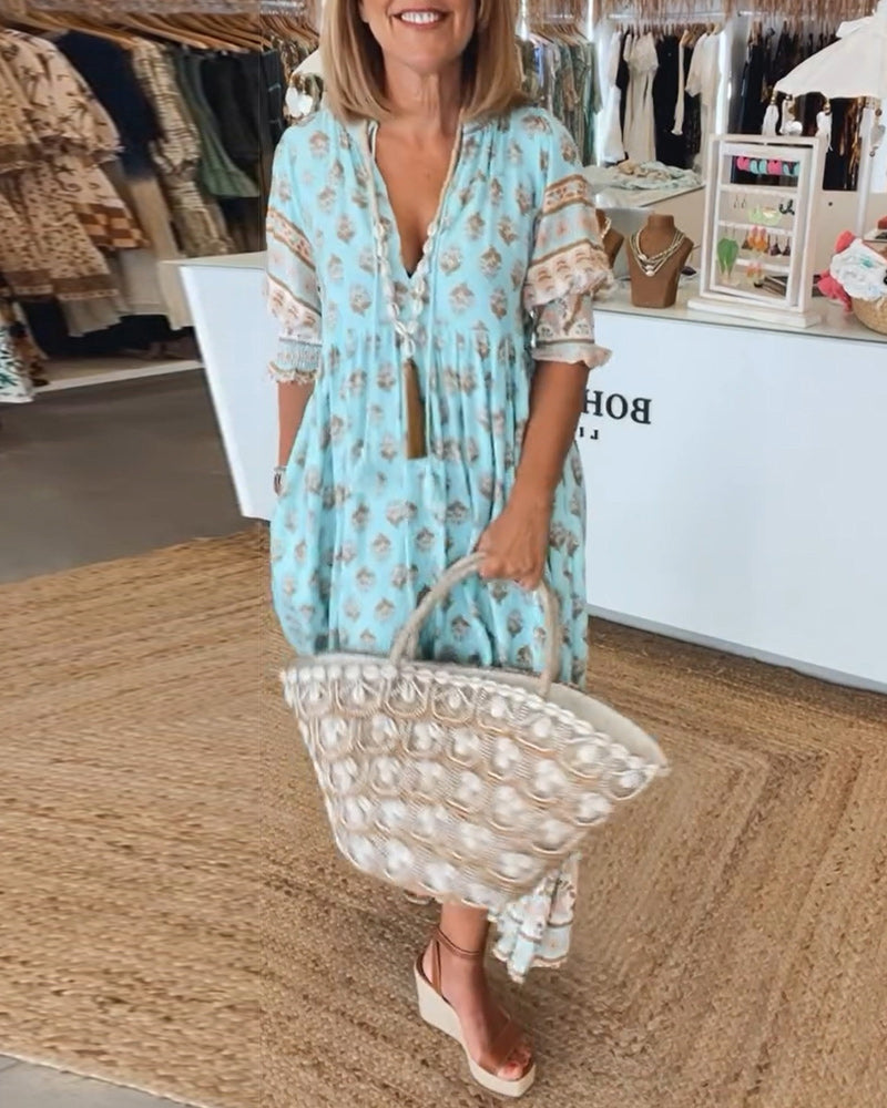 Split Neck Bohemian Floral Print Lantern Sleeve Tiered Maxi Dress