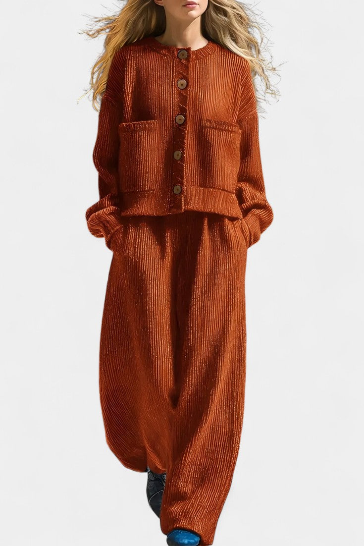 Button Front Textured Patch Pocket Cardigan and Wide Leg Pants Set 5