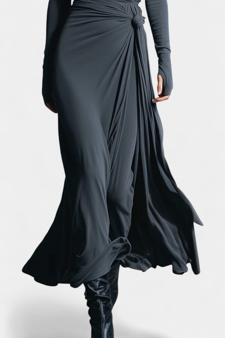 Boat Neck Long Sleeve Ruched Twist High Slit Maxi Dress 3