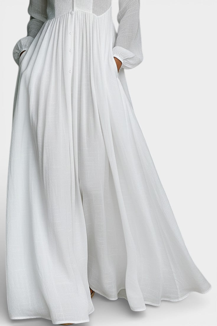 White Stand Collar Button Up Long Sleeve Flowy A-Line Maxi Dress 3
