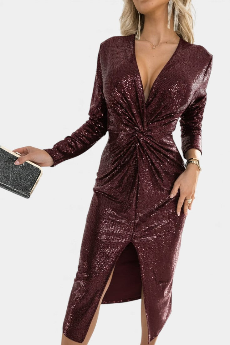 V-Neck Sequin Long Sleeve Twist Front High Slit Bodycon Midi Dress 16