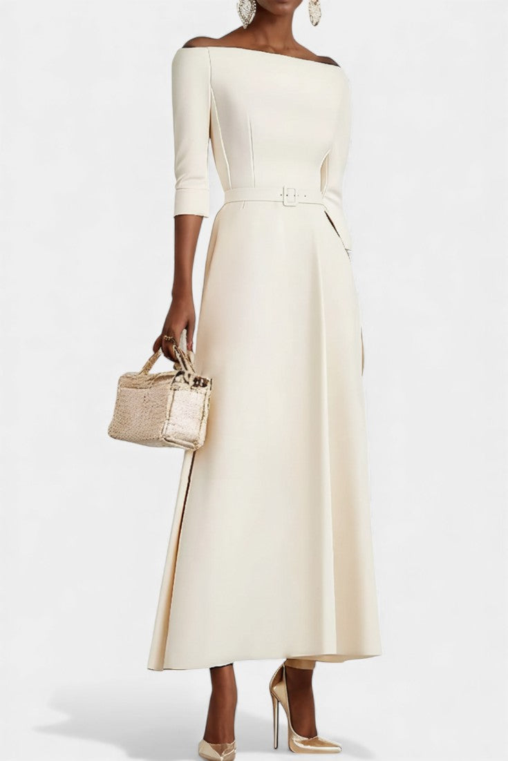 Off-Shoulder Half Sleeve Belted Waist A-Line Maxi Dress 3