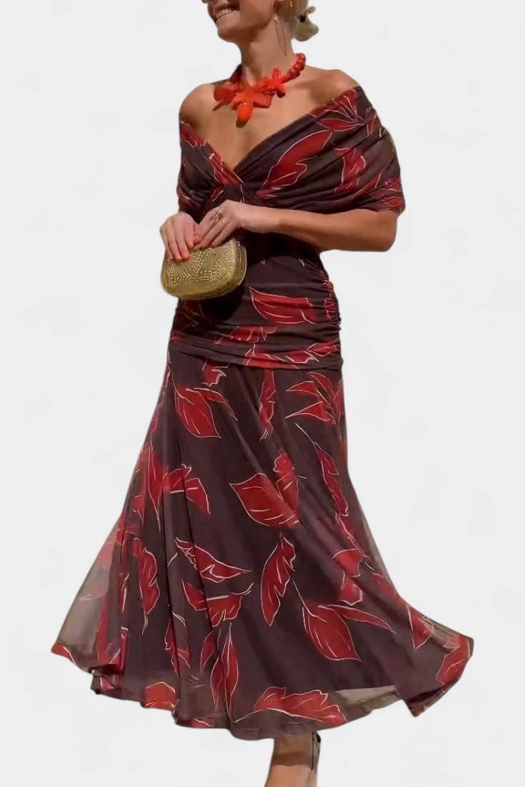 Off-Shoulder Twist Front Ruched Chiffon Flowy Maxi Dress