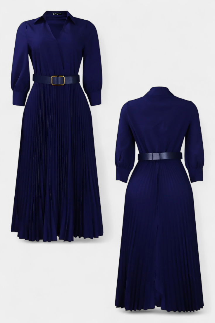 Collared Three-Quarter Sleeve Belted Pleated A-Line Midi Dress 6