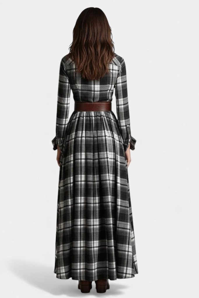 Black Collared Long Sleeve Belted Plaid High Slit Shirt Maxi Dress 4