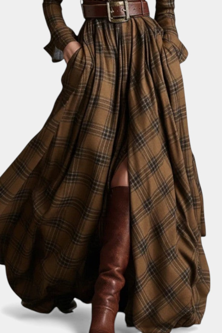 Camel Collared Plaid Button Front Belted High Slit Long Sleeve Maxi Dress 3