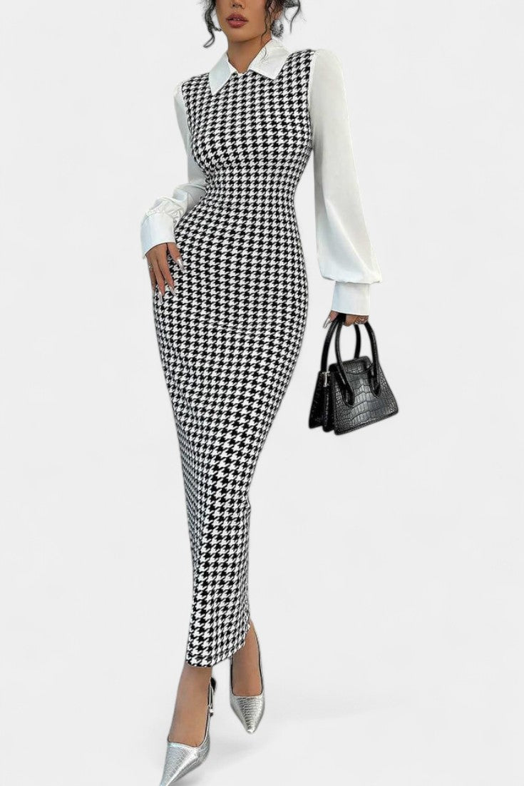 White Collared Houndstooth Contrast Puff Sleeve Bodycon Maxi Dress 2