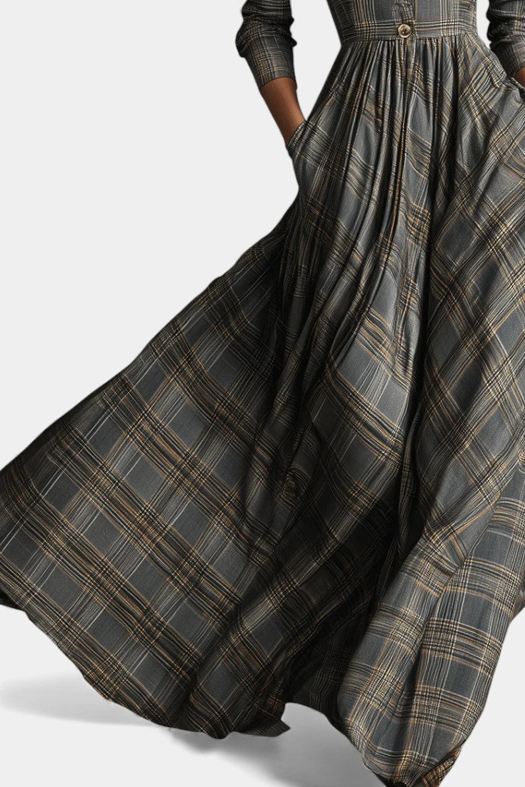 Stand Collar Plaid Long Sleeve Button Front Flared Maxi Dress 3