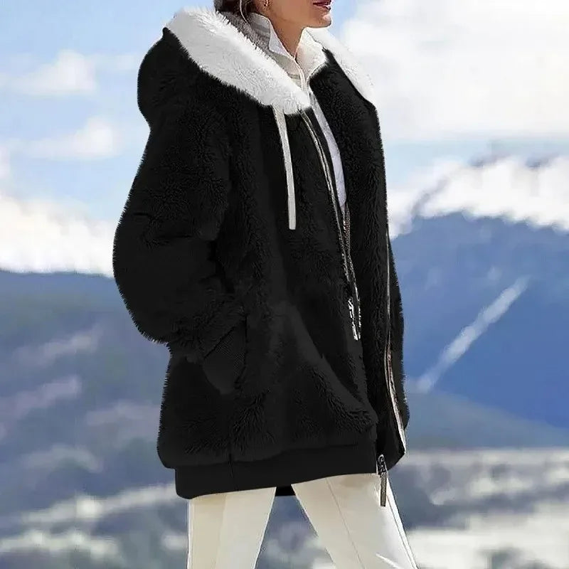 Hooded Zip Front Colorblock Patchwork Fleece Sherpa Jacket
