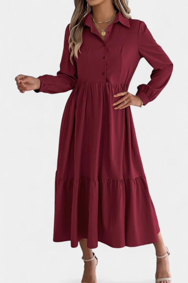 Collared Button-Front Long Sleeve Tiered Shirt Midi Dress 2