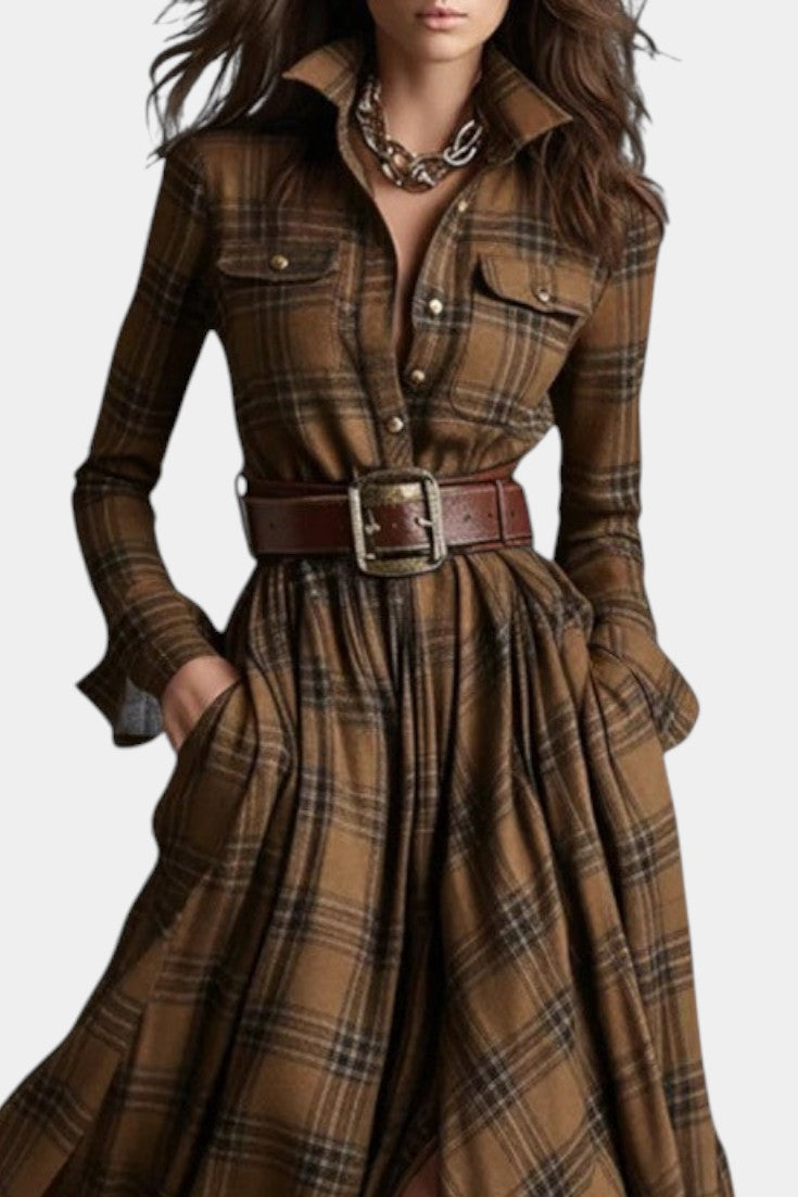 Camel Collared Plaid Long Sleeve Belted Pleated Flowy Maxi Dress 2
