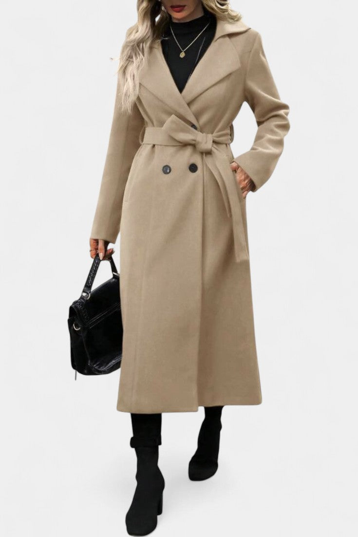 Notched Lapel Belted Plaid Wool Long Coat 10