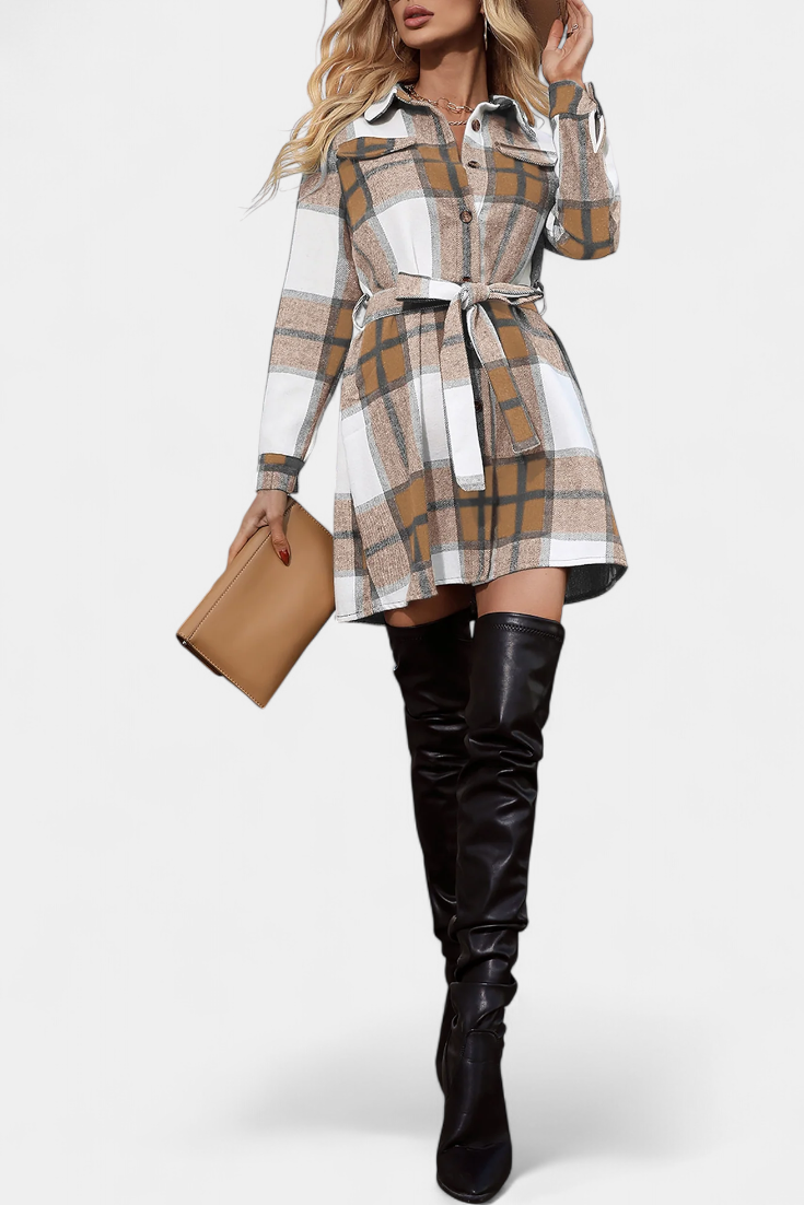 Collared Belted Plaid Check Long Sleeve Shirt Mini Dress