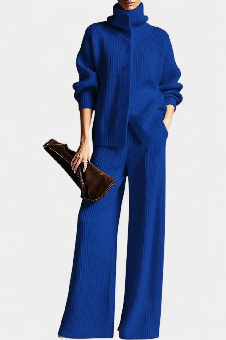 High Neck Ribbed Knit Button Front Cardigan Wide Leg Pants Set 4
