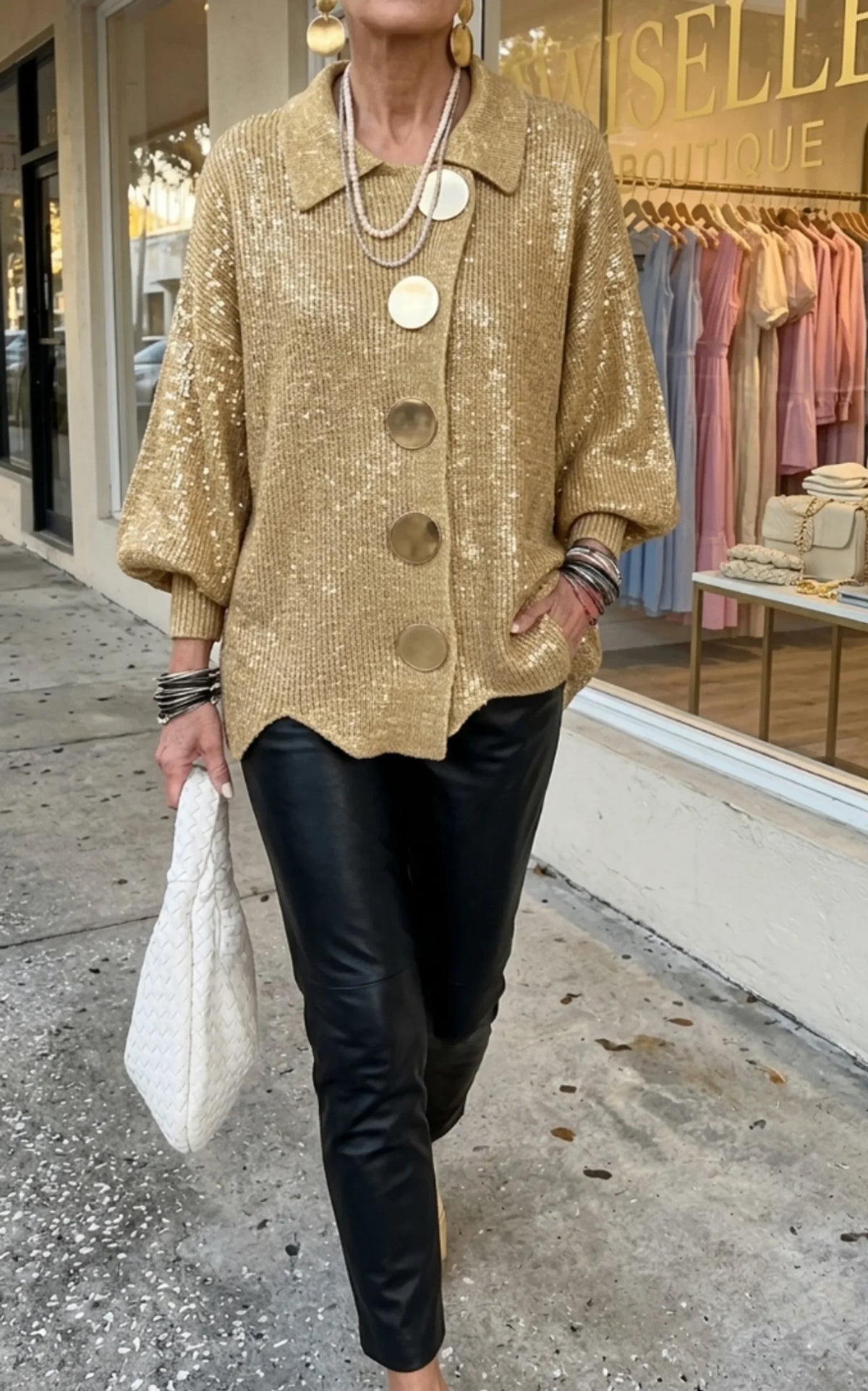 Collared Oversized Metal Button Balloon Sleeve Cardigan 9