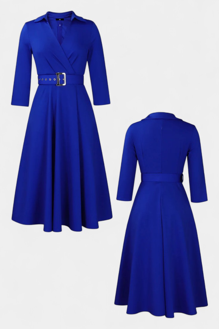 Collared V-Neck Surplice Belted A-Line Midi Dress 3